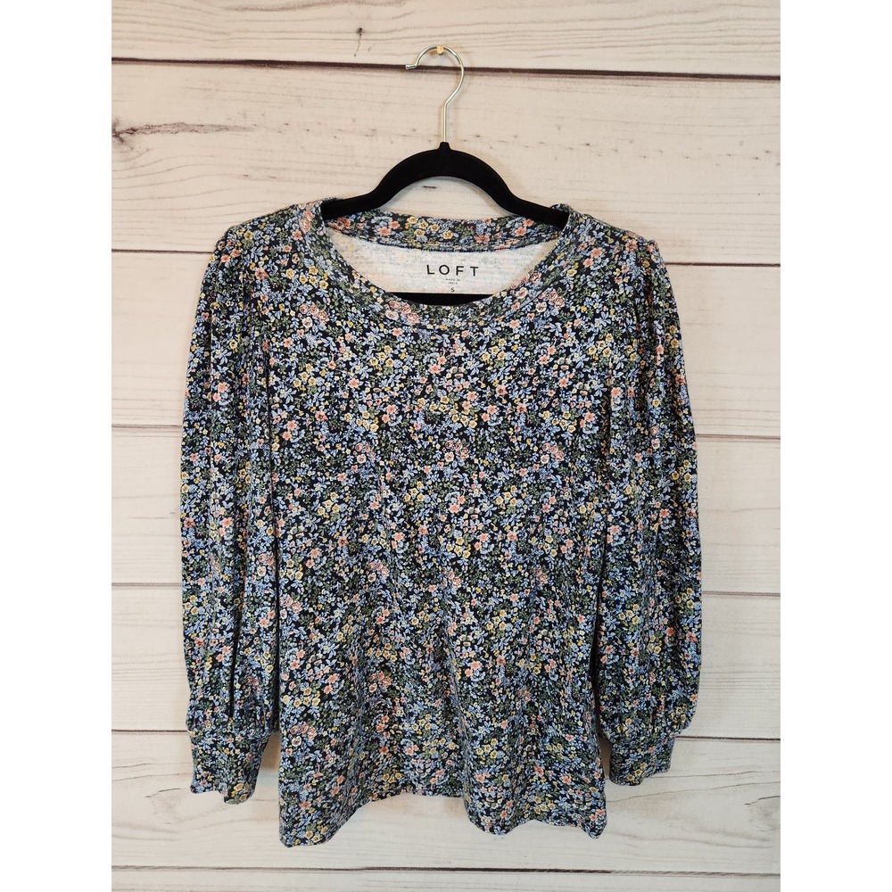 Loft Women's Multicolor Floral Cotton Puff Sleeve Round Neck Blouse Size Small